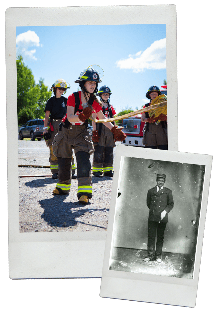 Photo of girls at Camp Molly wearing fire fighting gear